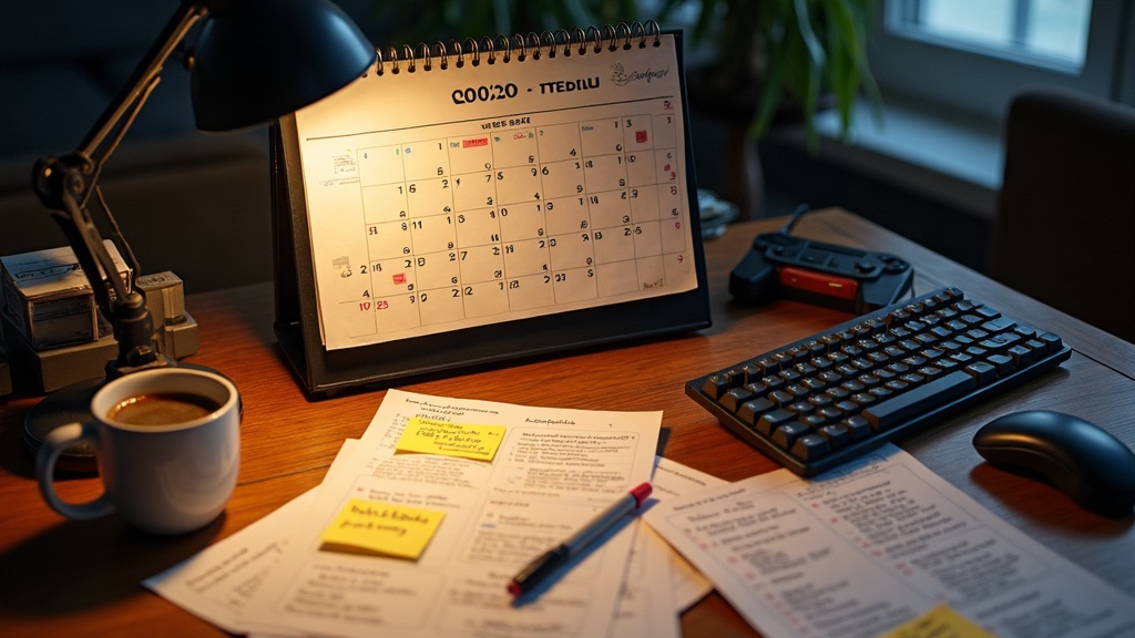 A desk covered in schedule notes and a crossed-out calendar date, illustrating why games get delayed