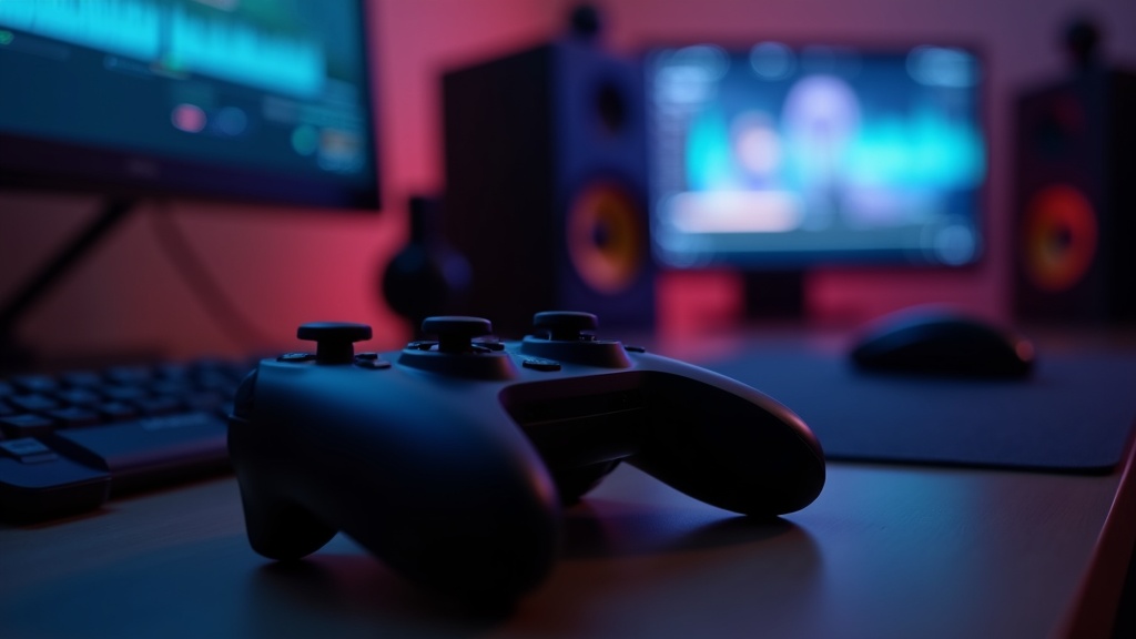 A controller and speaker on a desk set up for playing rhythm games at home