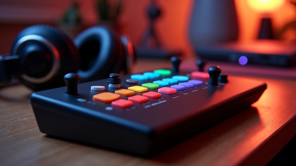 An arcade-style button controller used for playing rhythm games, resting on a desk beside a pair of headphones