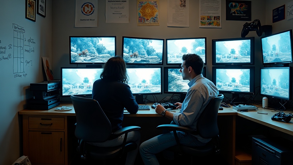 A video game quality assurance testing room with multiple screens and consoles used to find bugs before launch