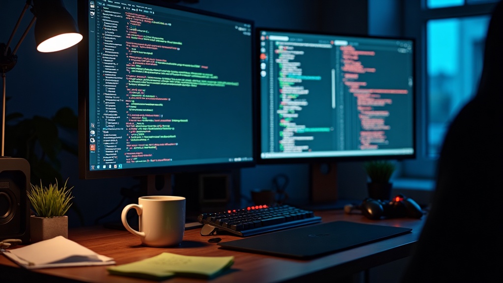 A developer's desk at night with code on screen, illustrating why so many games launch with bugs