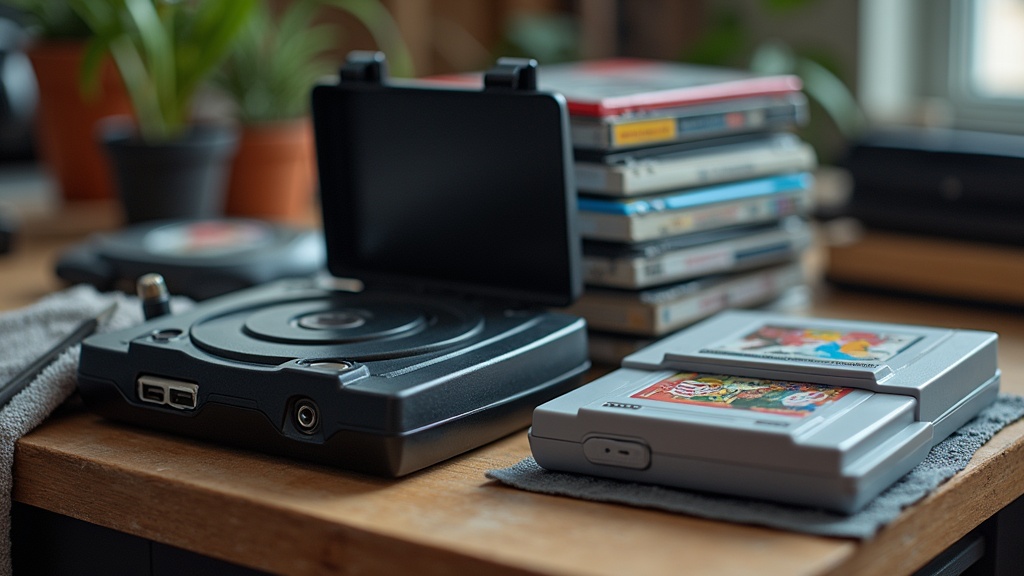 Console hardware and game discs from different generations laid out together, representing a long-running series across platforms