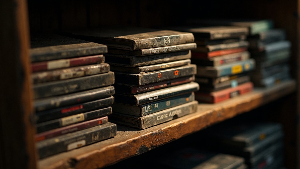 A shelf of aging game cartridges and discs representing classic games that never get re-released