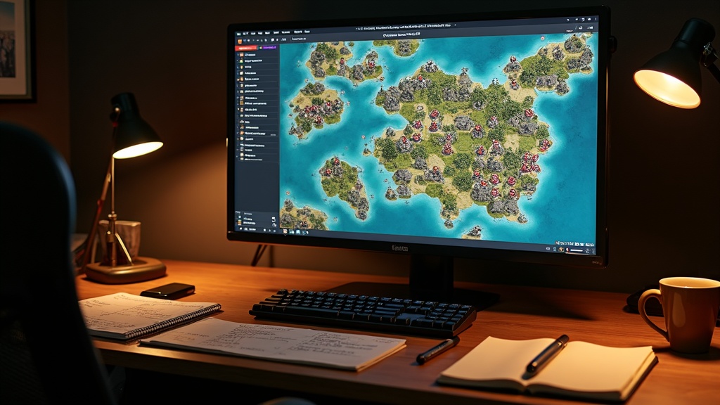 A desk setup showing a dense strategy game map on a monitor next to handwritten notes, illustrating how strategy games take hundreds of hours to learn