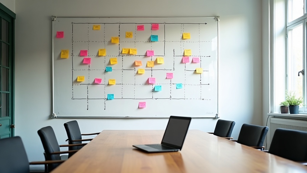 A studio whiteboard covered in sticky notes mapping out a long video game development timeline