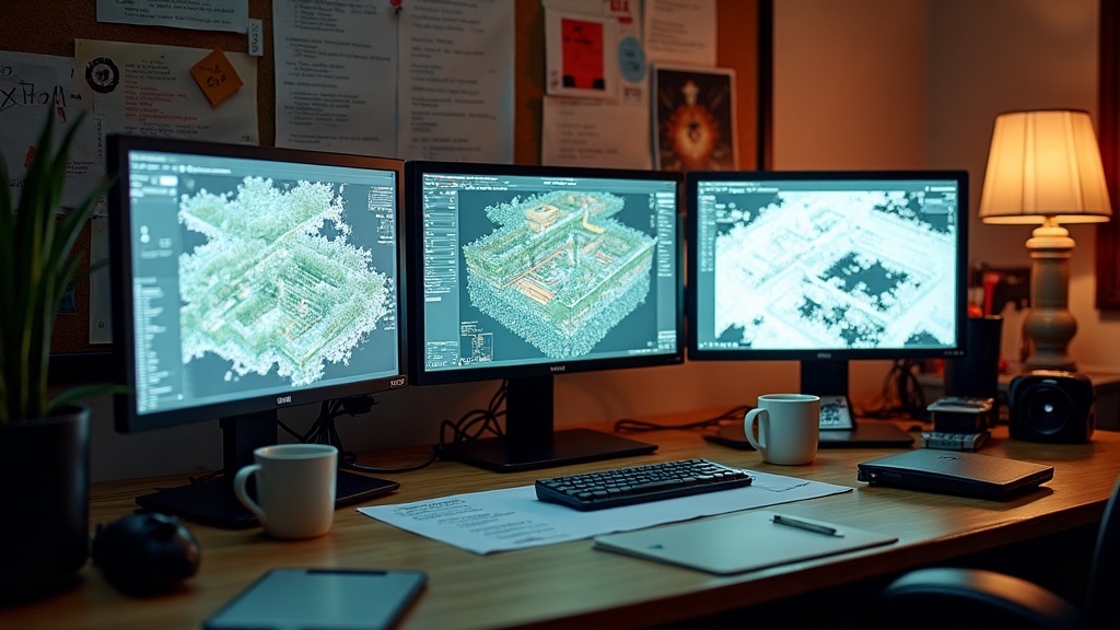 A developer's desk with monitors showing level design and code, illustrating why video games take so long to make
