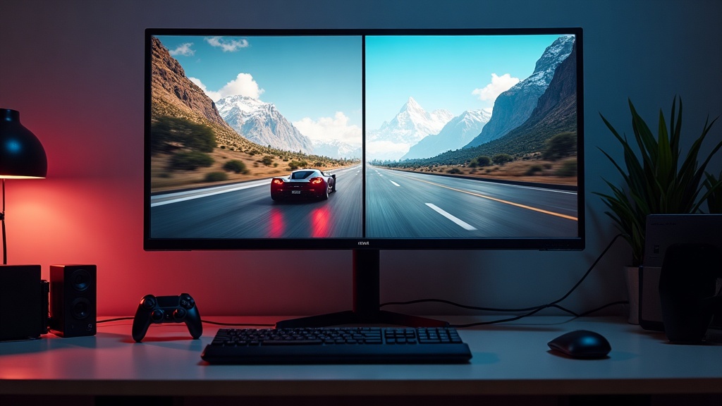 Gaming monitor comparing a fast-motion scene and a detailed still scene to illustrate why frame rate matters more than resolution