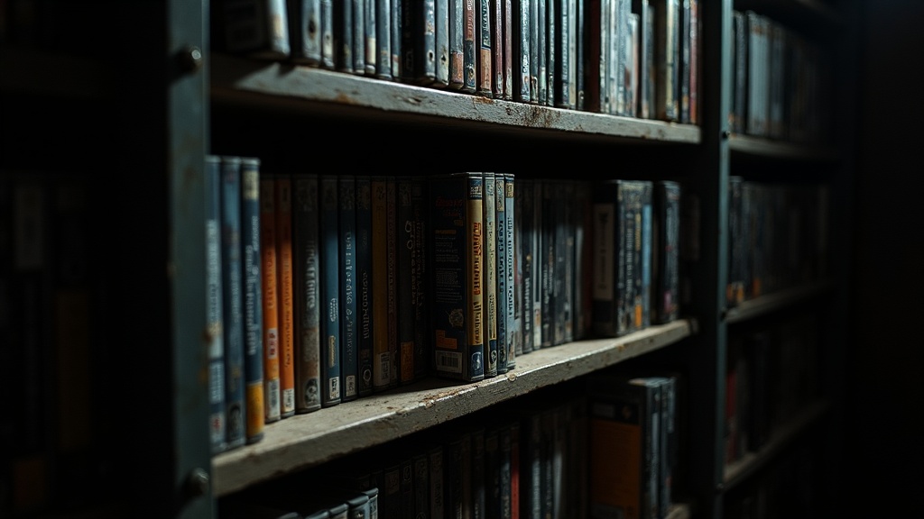 A shelf of aging game cartridges and disc cases in a dim archive, showing physical decay that complicates video game preservation