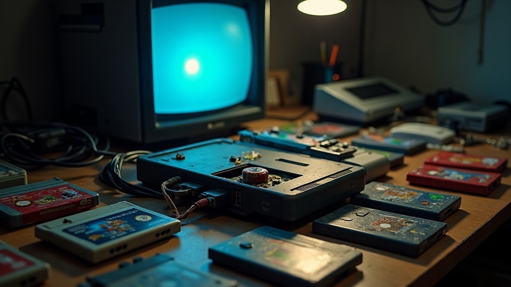 Old video game cartridges and an open console circuit board on a workbench, illustrating the challenges of preserving old video games