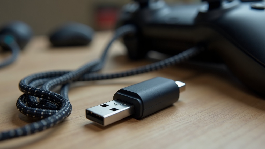 Close-up comparison of a wireless dongle, a braided USB cable, and a controller charging port