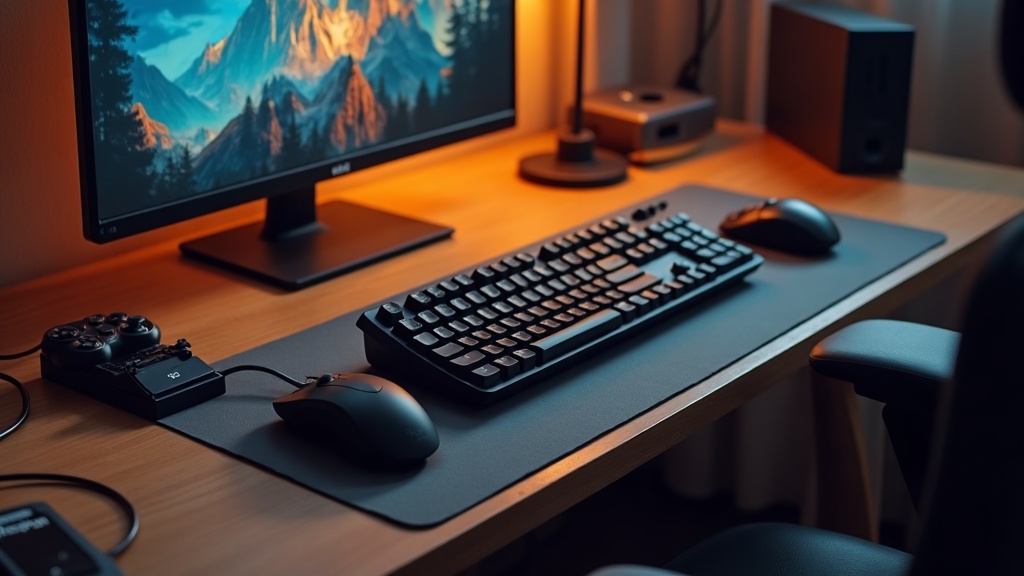 Wireless mouse and wired keyboard side by side on a gaming desk with a controller charging dock nearby