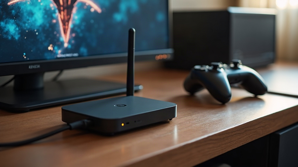 A streaming device wired by ethernet cable to a router, illustrating how cloud gaming depends on a stable network connection