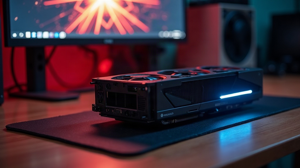 A dedicated graphics card on a workbench, representing the hardware needed for ray tracing