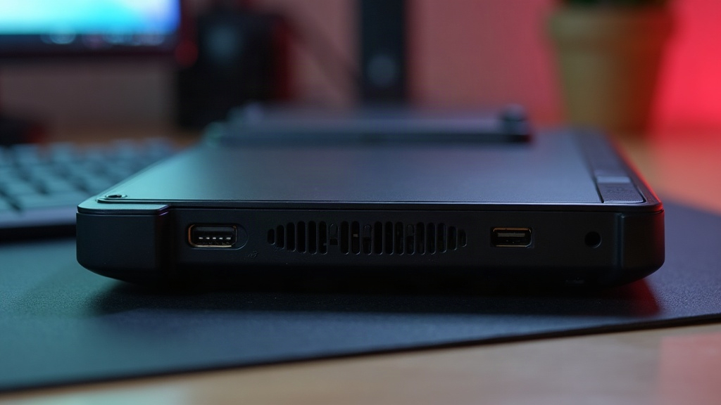 Close-up of cooling vents on a handheld gaming PC, showing the fan grille that manages heat during demanding games