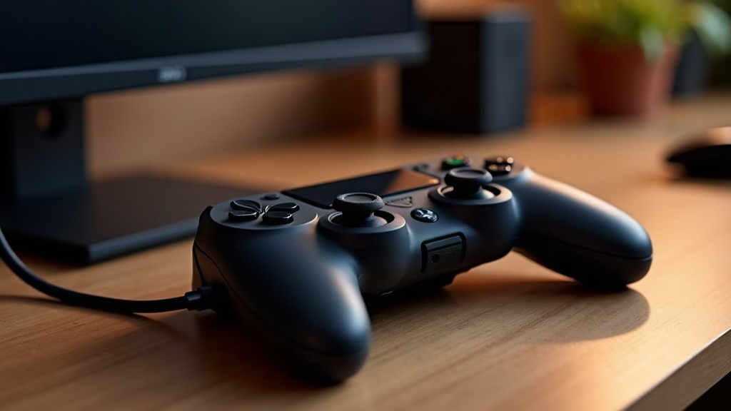 A handheld gaming PC sitting next to a console controller on a desk, illustrating the difference between handheld gaming PCs and consoles