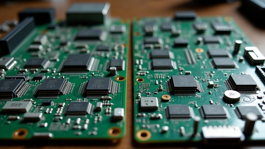 Two console motherboards with different chip architectures placed side by side on a workbench