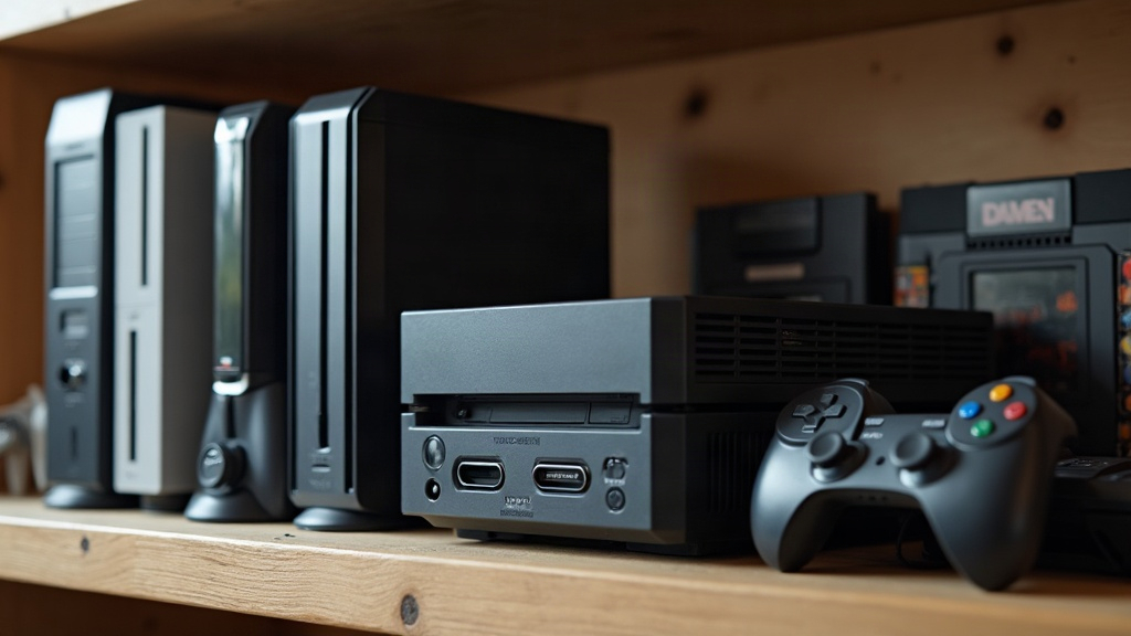 A modern console beside two older console generations with their game discs and cartridges, illustrating backward compatibility